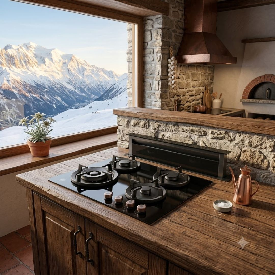 Una cucina rustica con fornelli a gas e vista sulle montagne innevate.