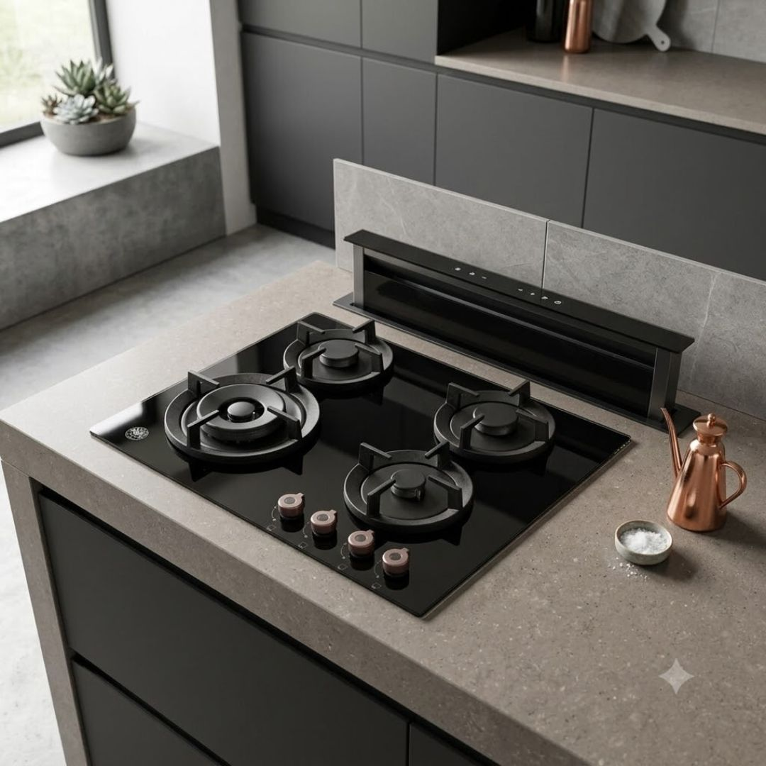 Piano cottura a gas nero moderno con quattro fuochi, cappa aspirante a scomparsa e versatore in rame.