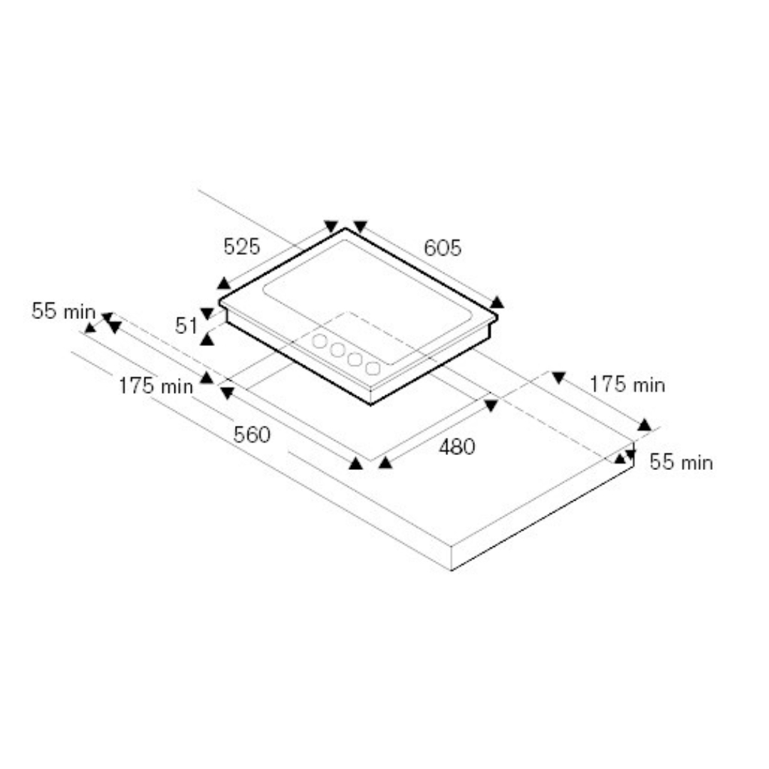 Disegno tecnico di un piano cottura da incasso con dimensioni.