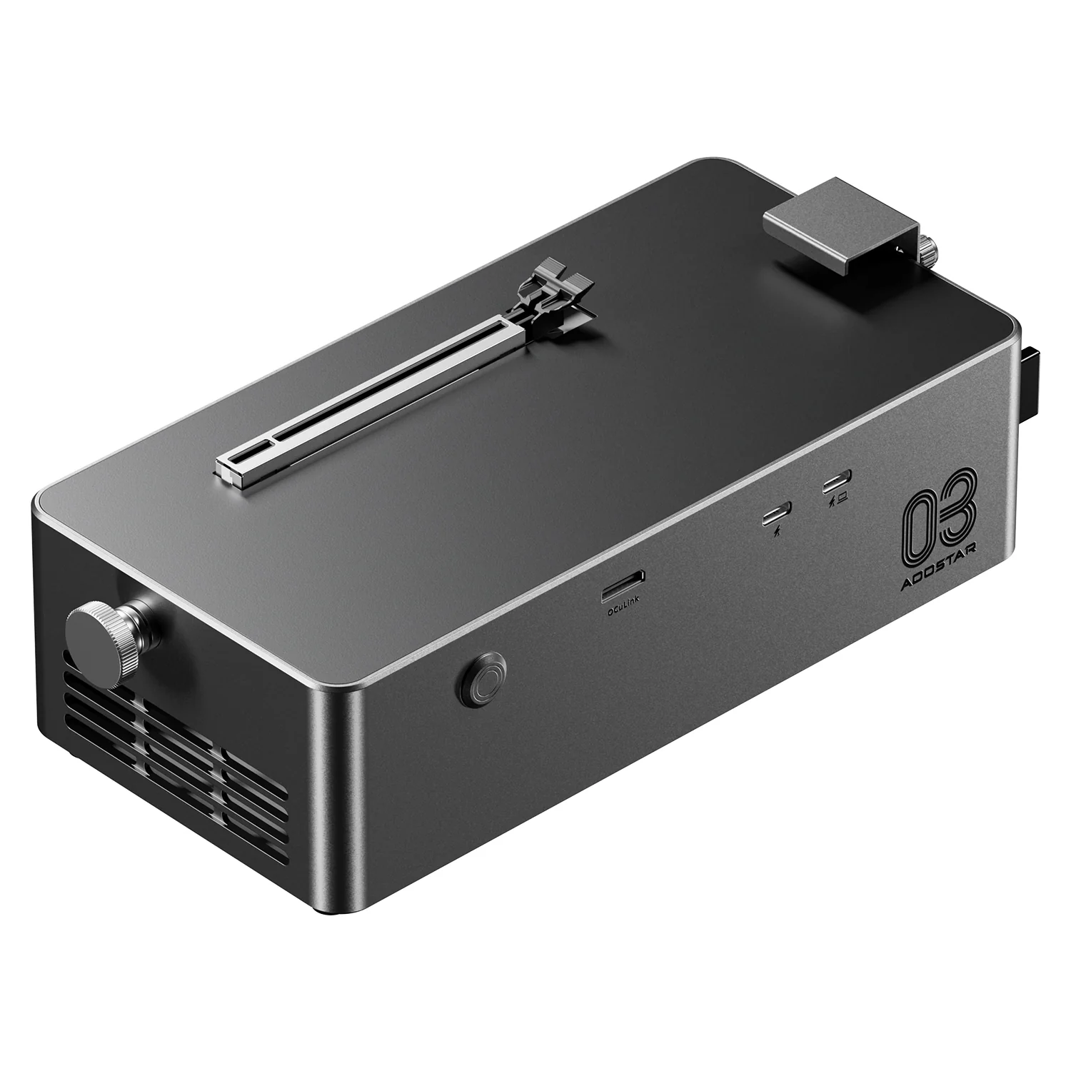 Una caja rectangular oscura con controles plateados y rejillas de ventilación.