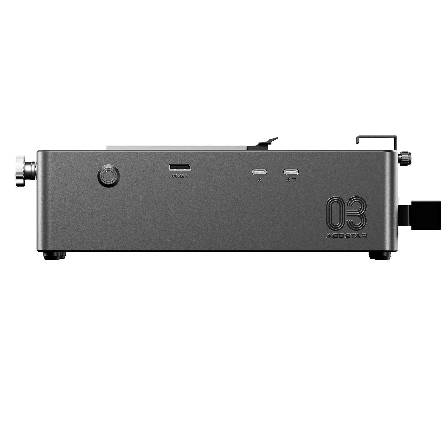 Dispositivo de audio metálico gris con puertos y logo '03 AOOSTAR'.