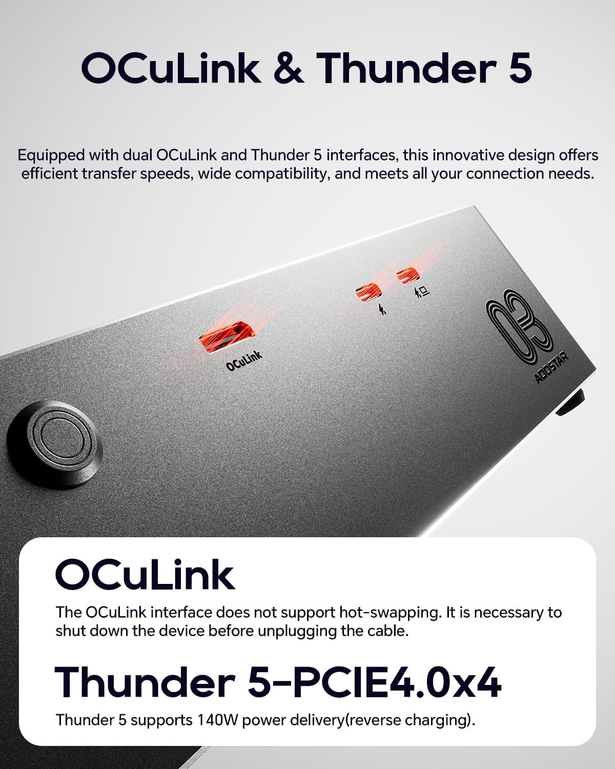 Dispositivo gris con puertos OCuLink y Thunder 5, LEDs iluminados.