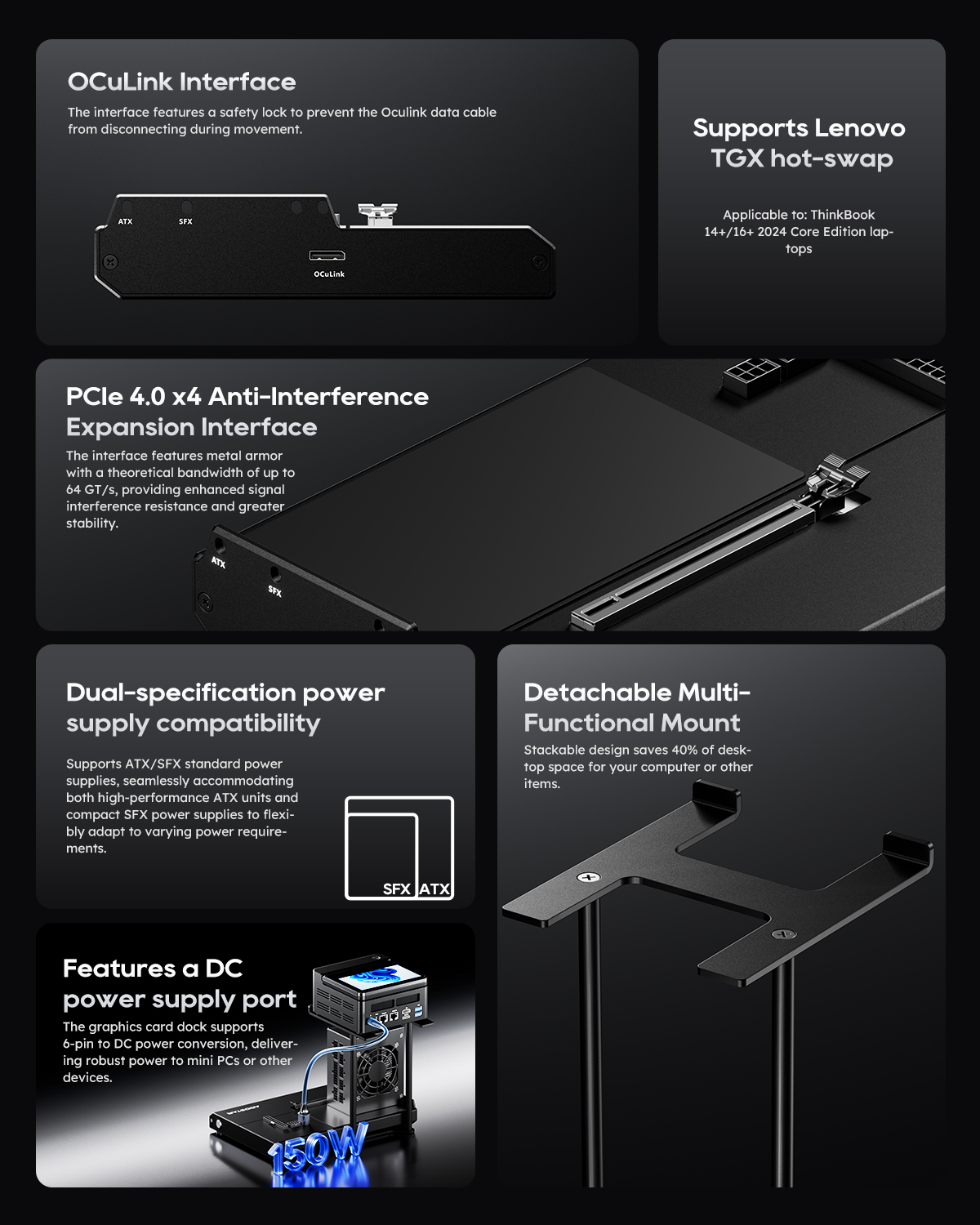 Visión general de OCuLink, PCIe 4.0, compatibilidad de PSU, puerto CC y soporte de montaje.