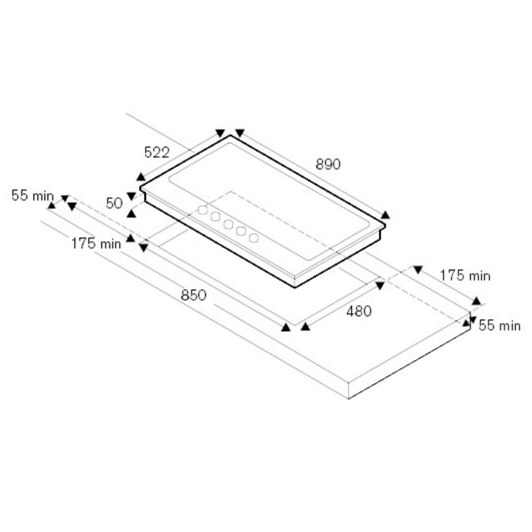 Disegno tecnico di un piano cottura con dimensioni in mm.
