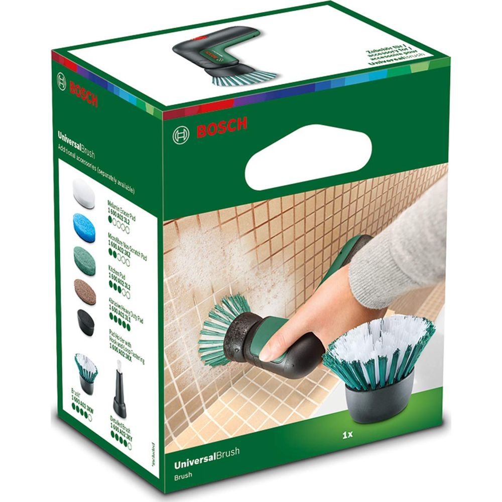 Bosch UniversalBrush Verpackung mit Zubehör und einer Hand, die eine Bürste benutzt.