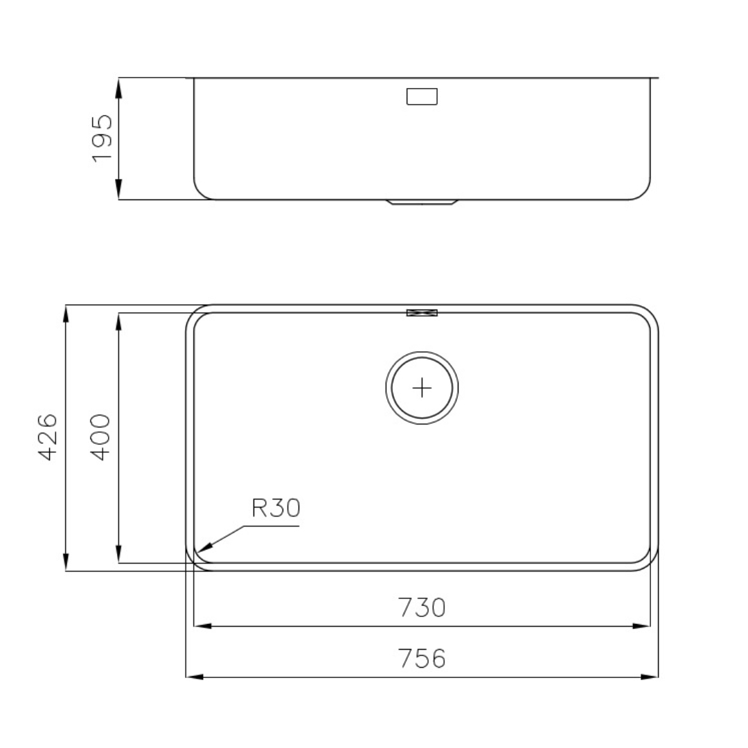 Disegno tecnico di un lavabo rettangolare con dimensioni.