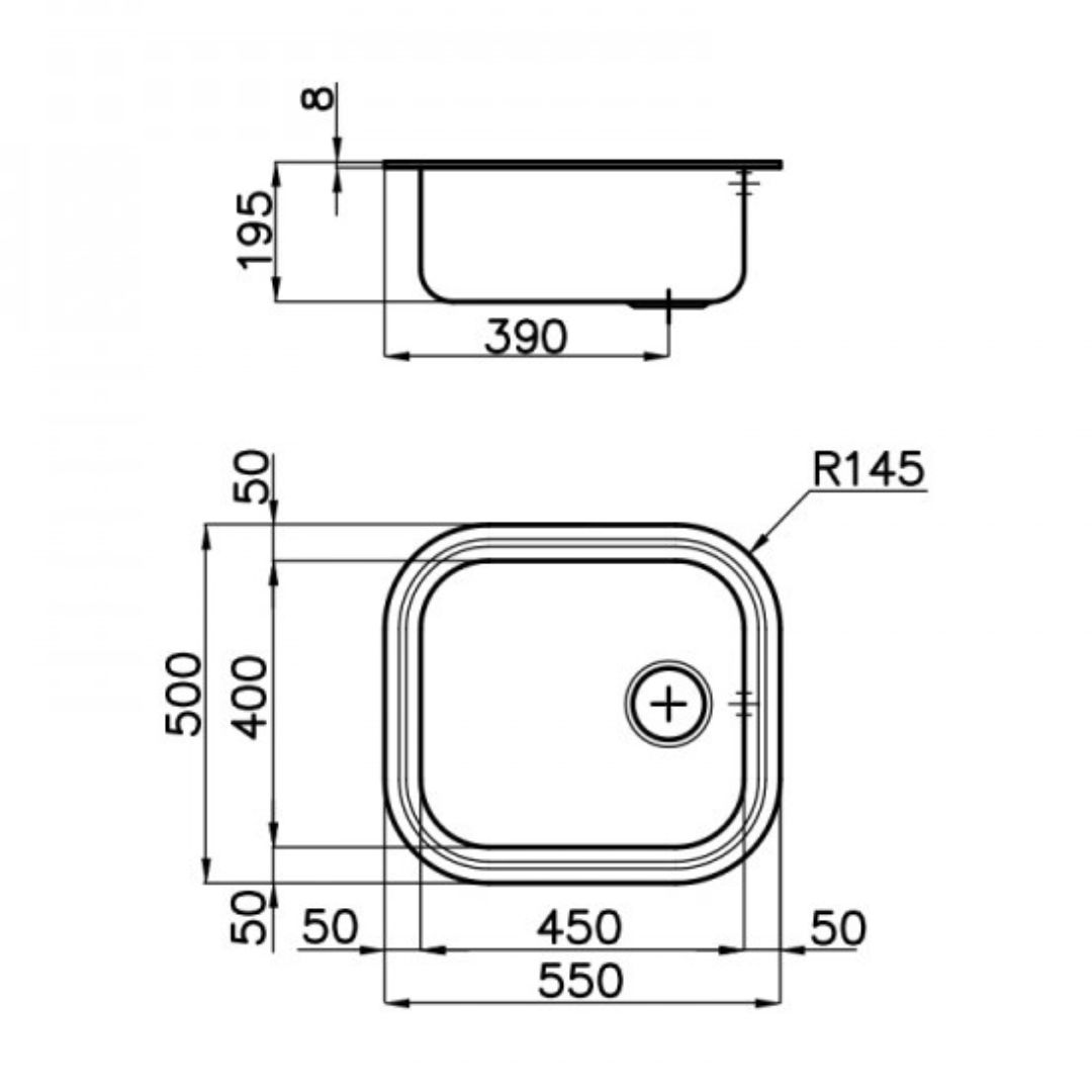 Disegno tecnico di un lavello con dimensioni.