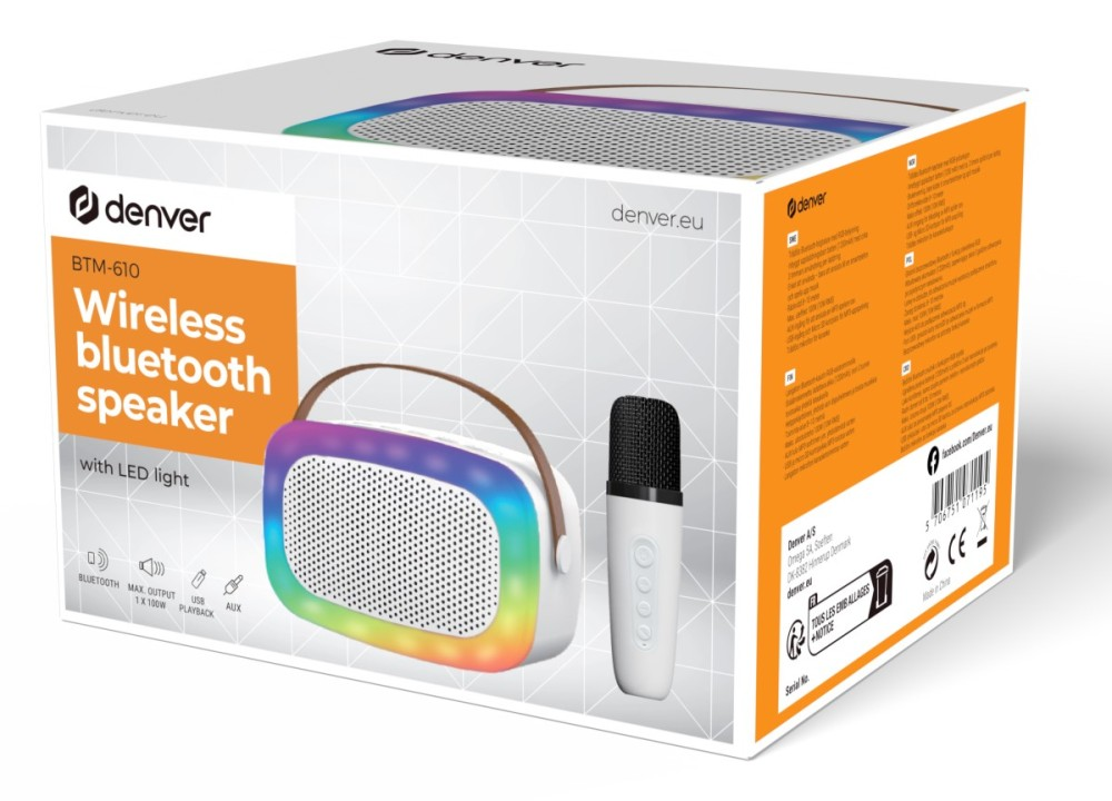 Scatola di un altoparlante Bluetooth wireless Denver BTM-610 con microfono e luce LED.