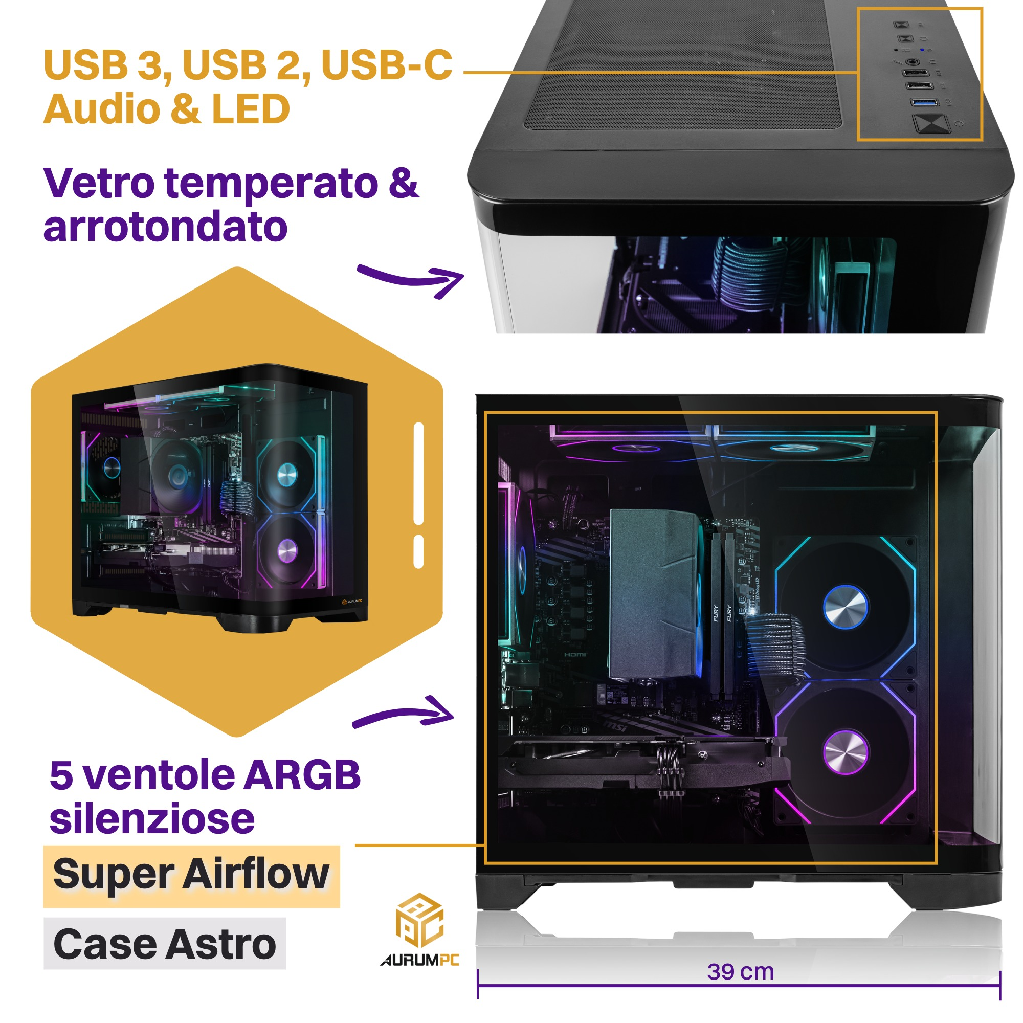 Un case PC con frontale in vetro, che mostra componenti con illuminazione ARGB.