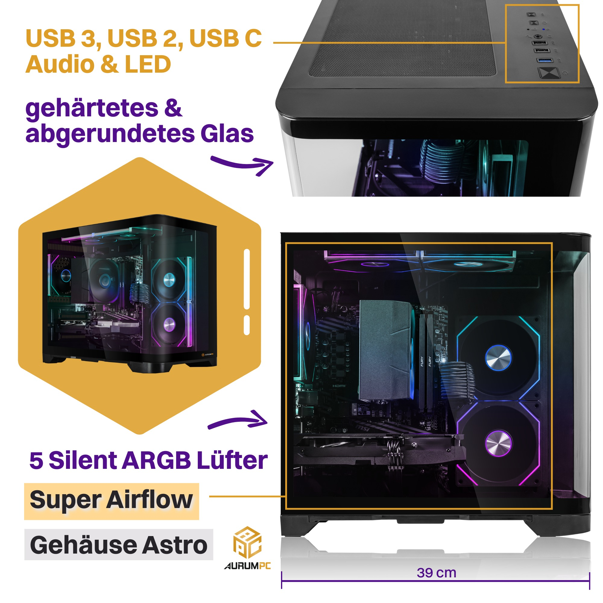 Ein schwarzes PC-Gehäuse mit Glasfront und RGB-Lüftern, Anschlüssen oben.