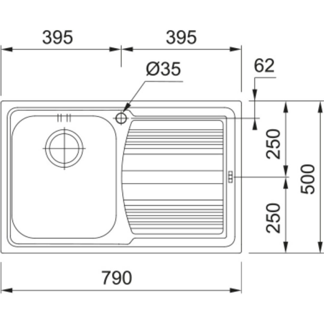 Disegno tecnico di un lavello con dimensioni: 790x500mm, con foro da 35mm.