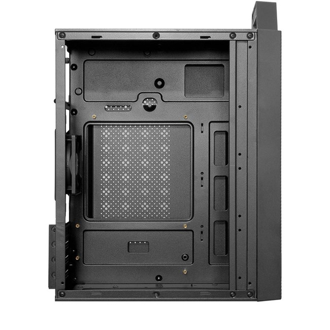 Delikli montaj alanı ve kablo kanalları olan siyah bir PC kasasının içi.