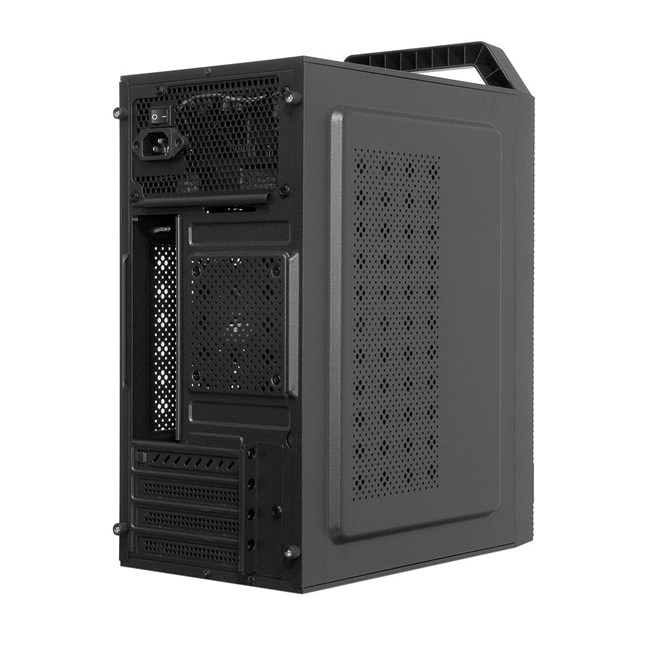 Üstte tutamaklı ve havalandırma yuvalı siyah PC kasasının arka görünümü.