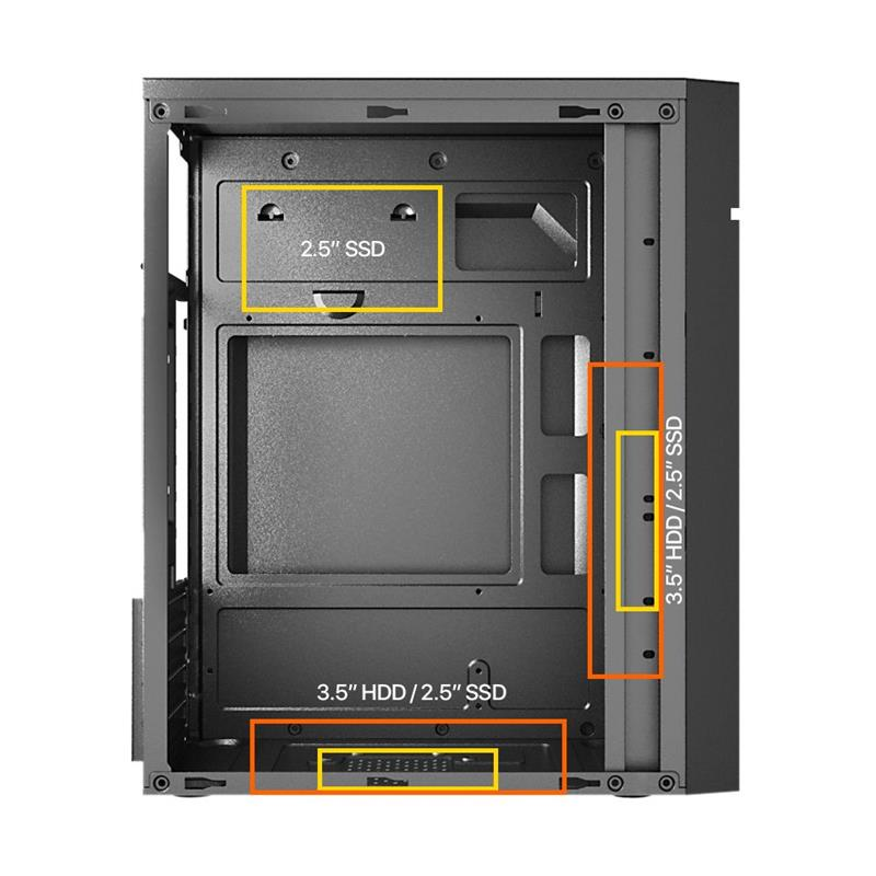2,5 inç SSD'ler ve 3,5 inç sabit sürücüler için vurgulanmış yuvalara sahip siyah PC kasası.
