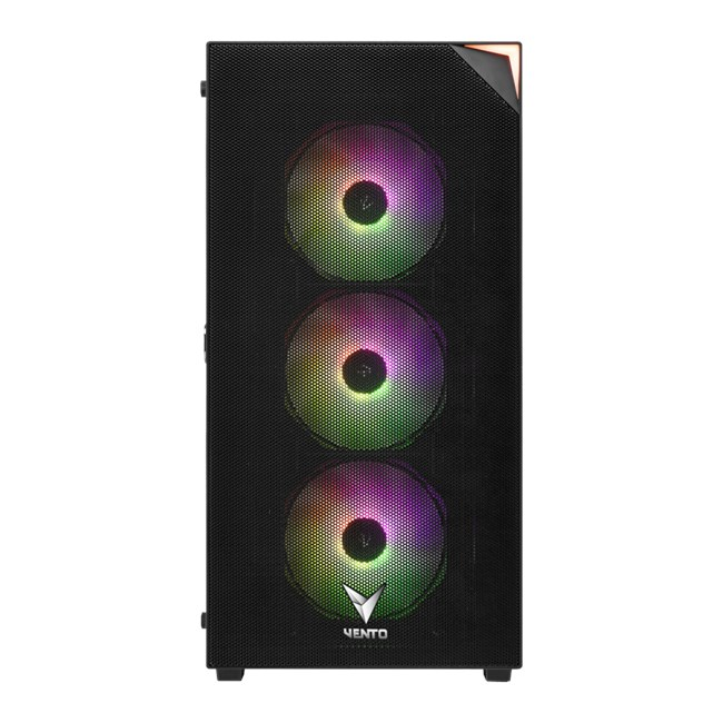 Önü panjurlu, üç RGB fanlı ve Vento logolu siyah bilgisayar kasası.