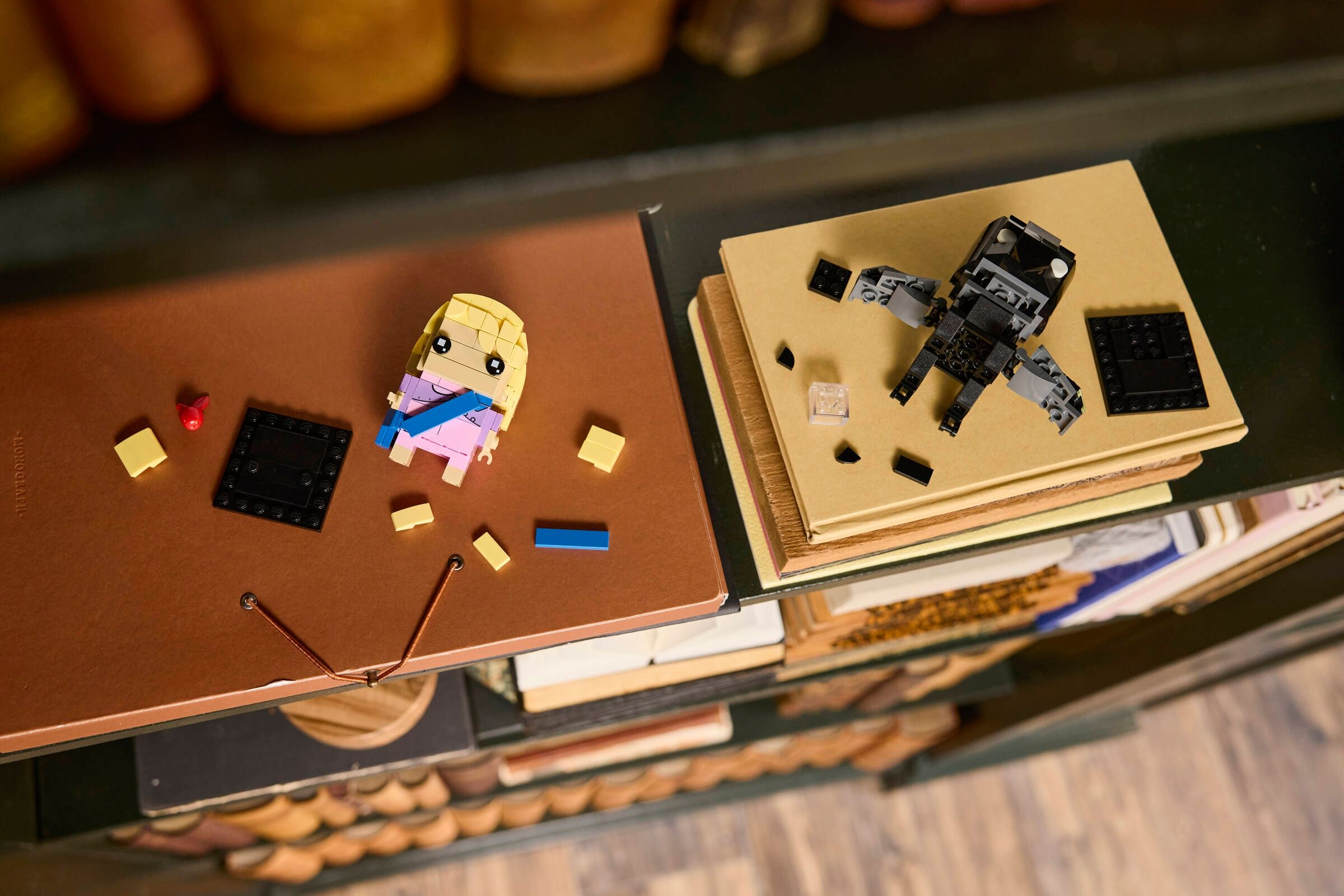 Bulanık arka planlı bir raftaki kitaplar üzerinde Lego figürleri.