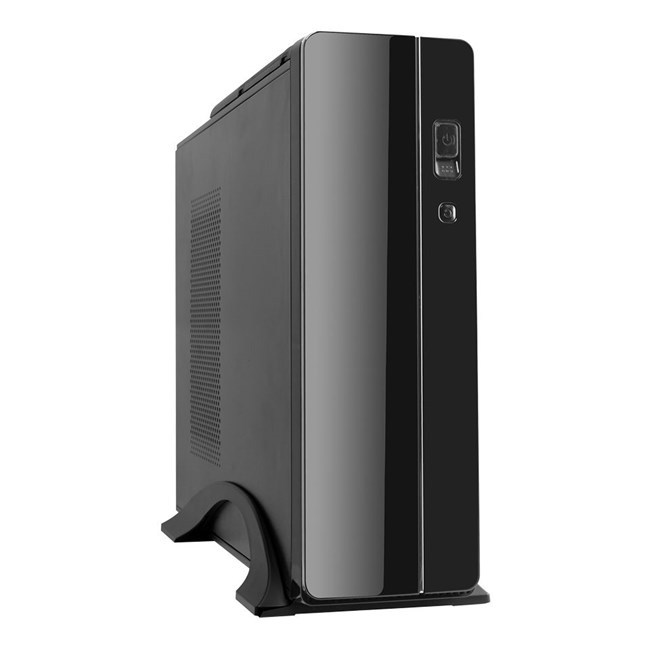 Parlak ön ve havalandırma ızgaralı siyah Mini-ITX bilgisayar kasası.