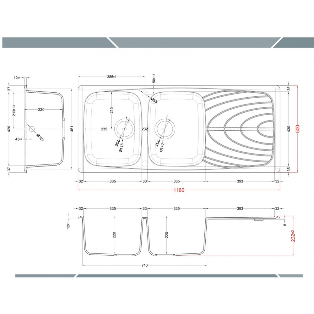 Disegno tecnico di un lavello doppio con area di scolo e dimensioni.