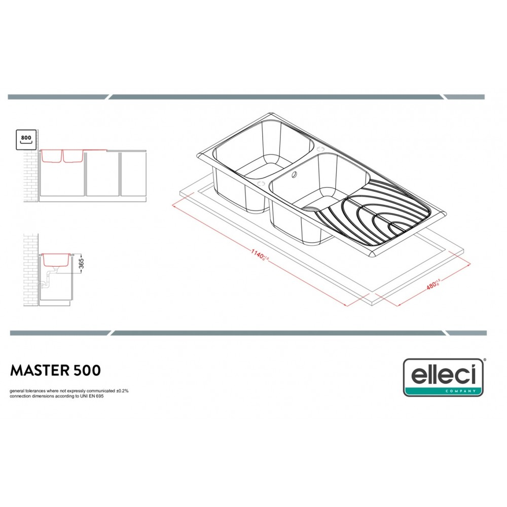 Disegno tecnico di un lavello doppio con dimensioni. Include viste e dettagli.
