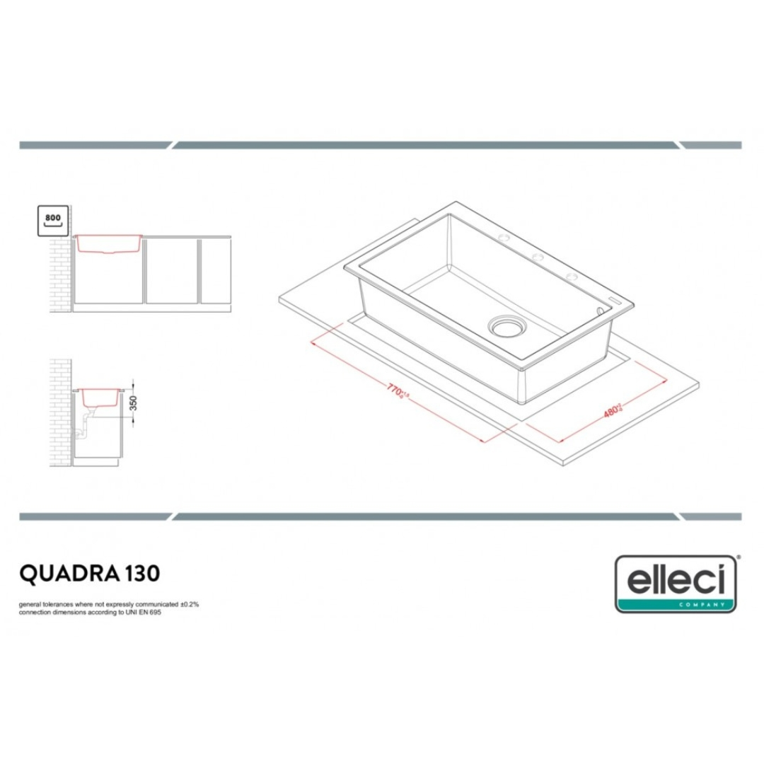 Disegno tecnico di un lavello con dimensioni: larghezza 800, profondità 350, lunghezza 770, larghezza 480.