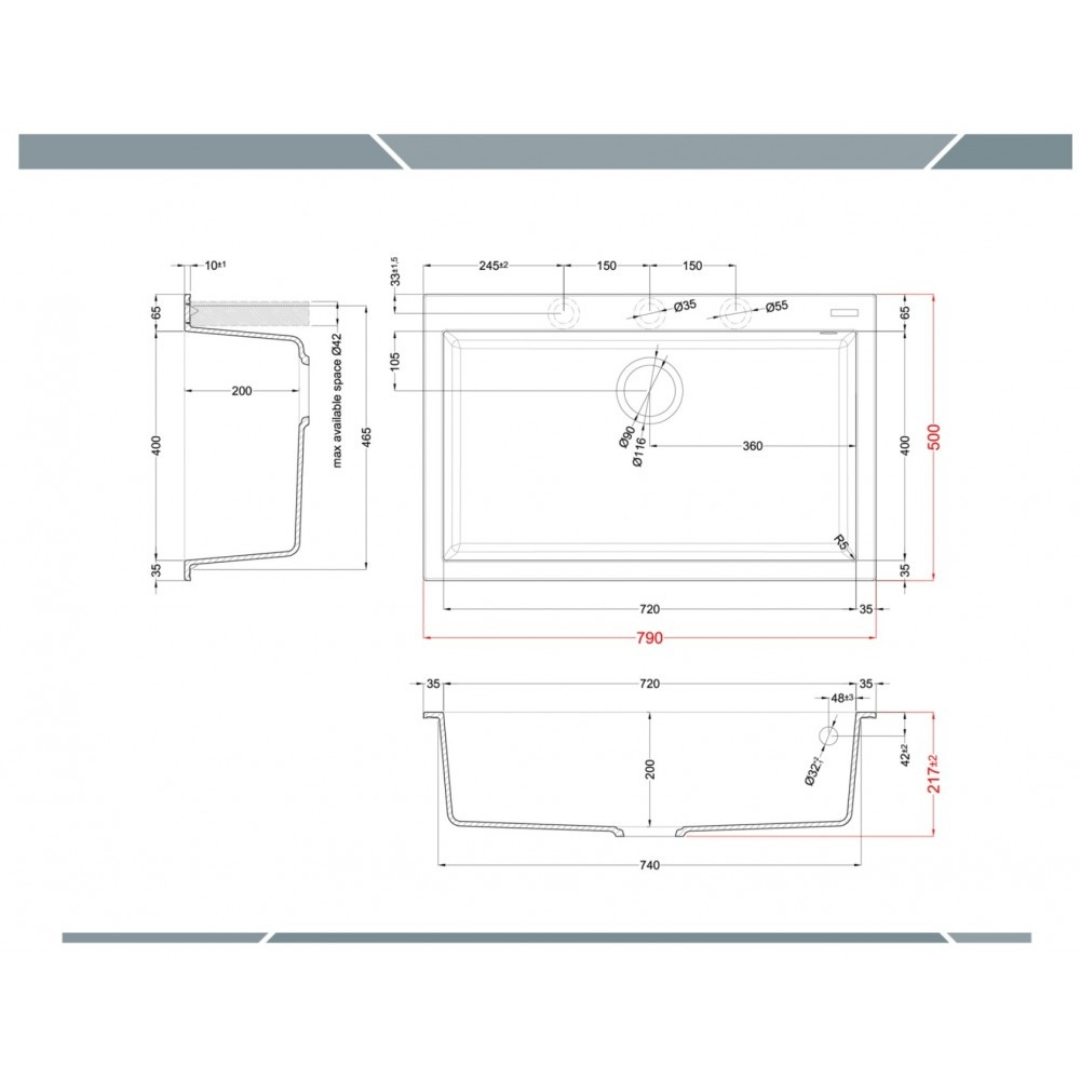 Disegno tecnico di un lavello con dimensioni e viste dettagliate.