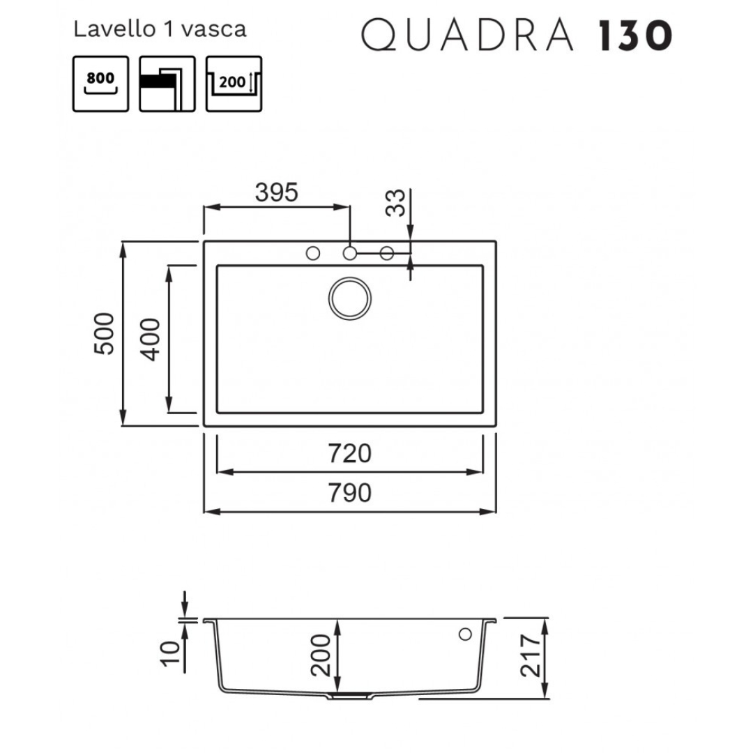 Disegno tecnico del lavello QUADRA 130 con quote in millimetri.