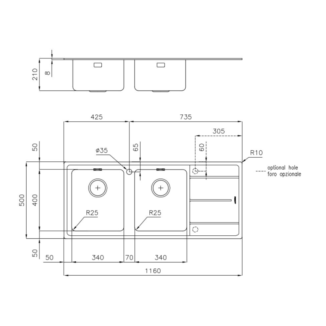 Disegno tecnico di un lavello doppio con dimensioni e foro opzionale.