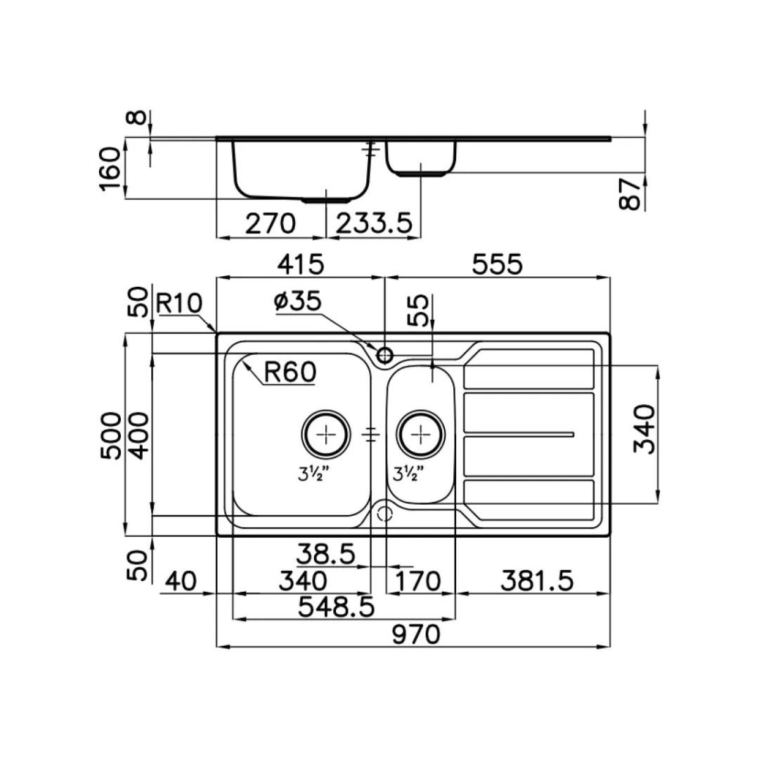 Disegno tecnico di un lavello a due vasche con dimensioni in mm.