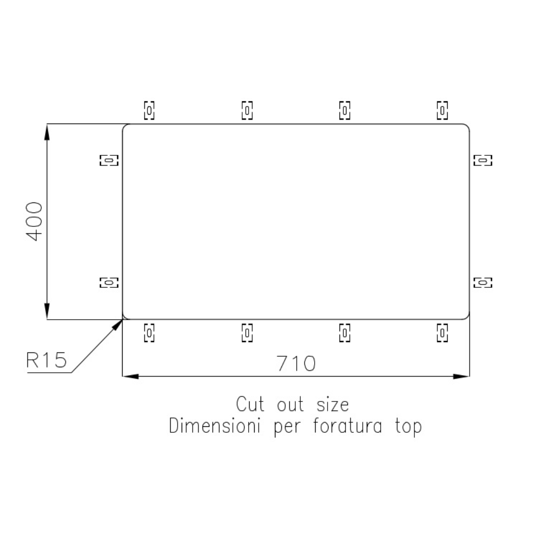 Disegno tecnico che mostra le dimensioni del ritaglio: 710 mm x 400 mm, raggio 15 mm.