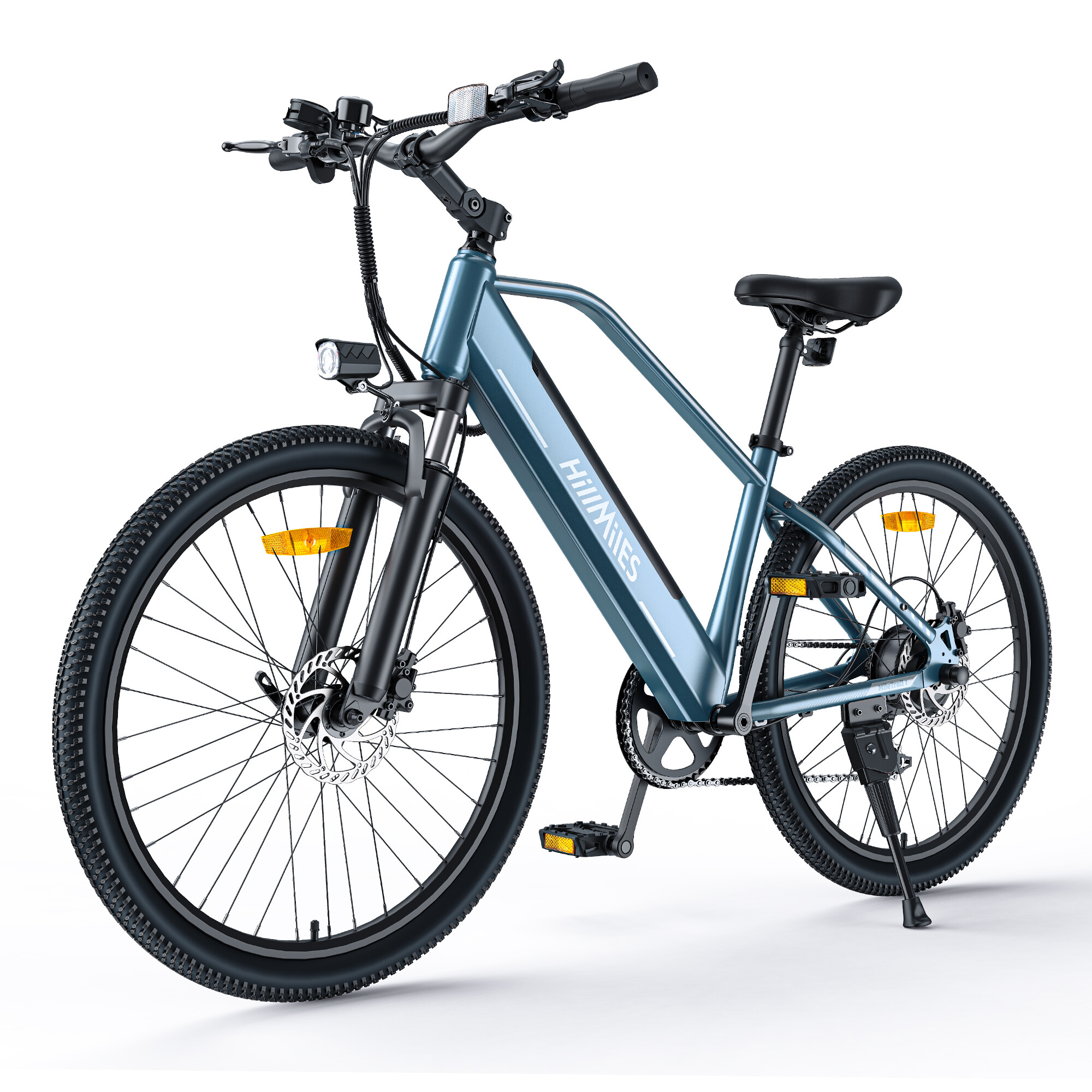 Una bicicletta elettrica blu con pneumatici neri, luci e riflettori.