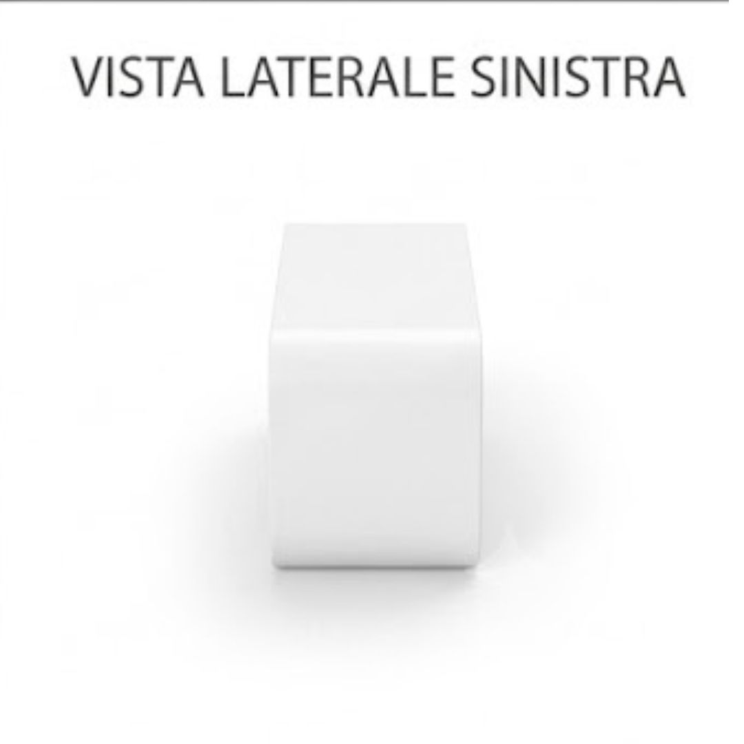 Un oggetto bianco, a forma di cubo con spigoli arrotondati su sfondo bianco.