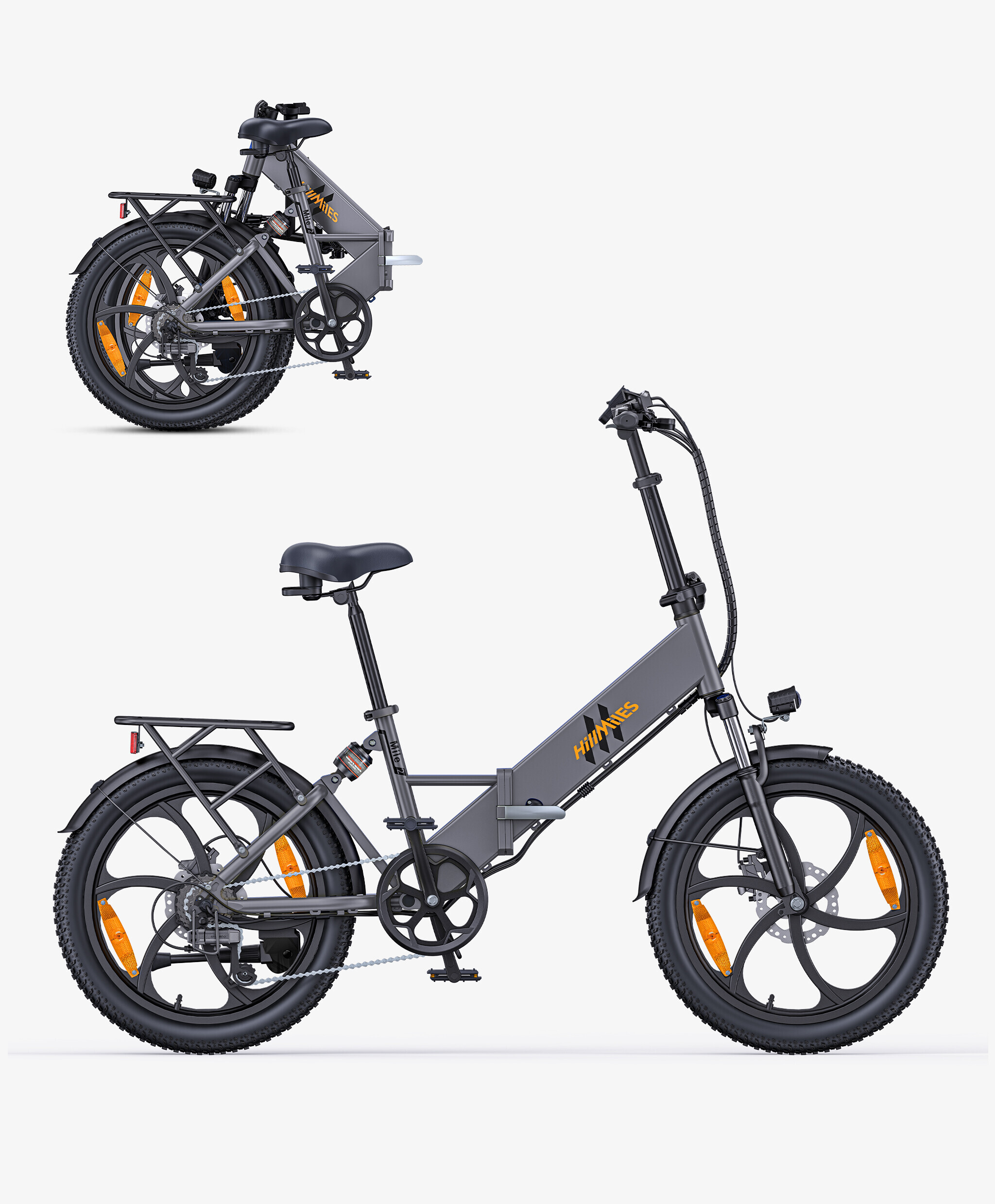 Una bici elettrica pieghevole grigia con sella e portapacchi neri.