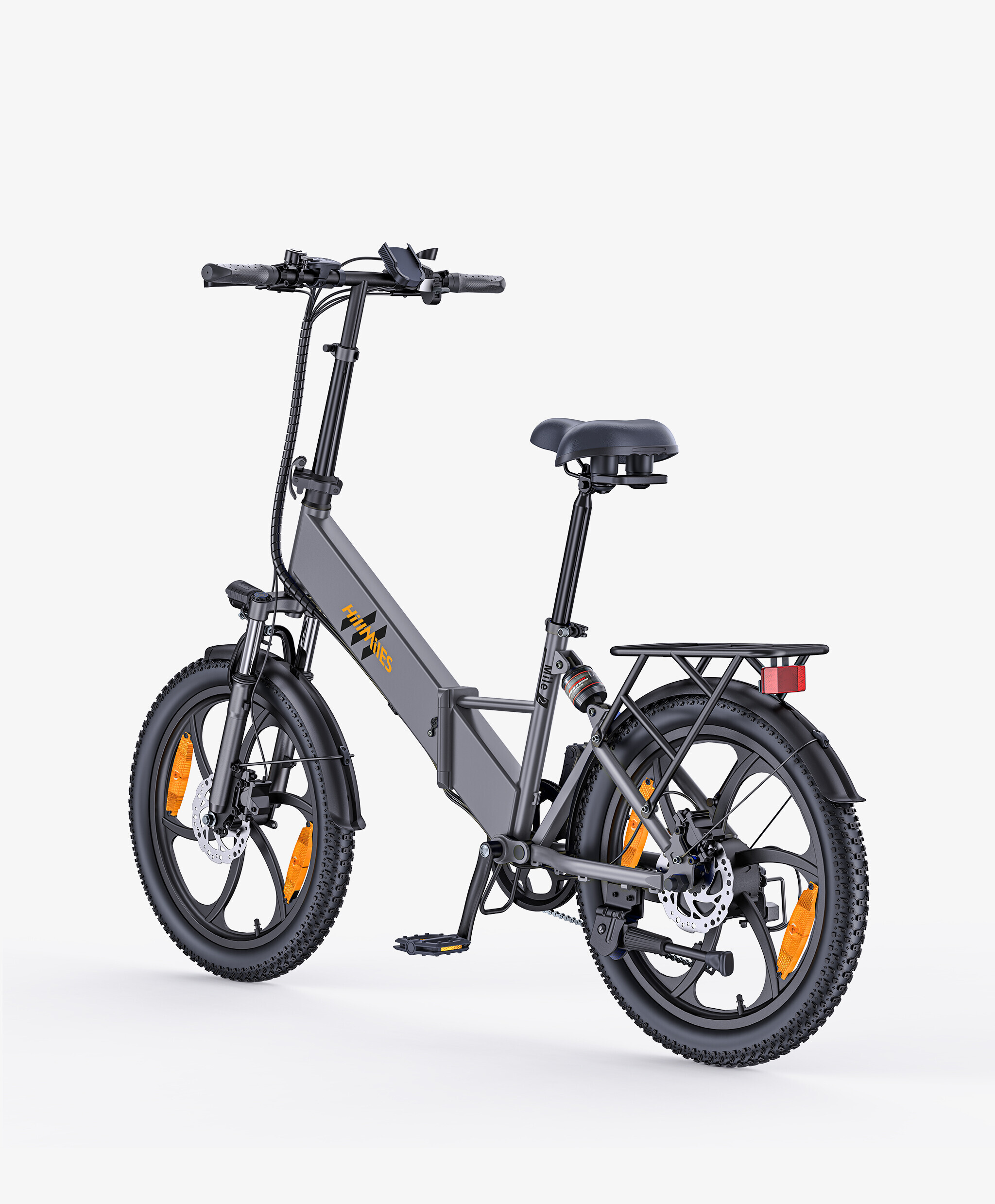 Bicicletta elettrica pieghevole grigia con sella e portapacchi neri.