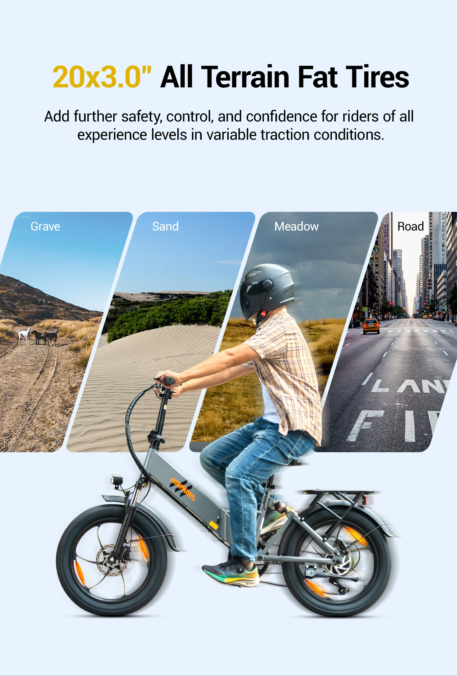 Una e-bike con pneumatici grassi scorre su terreni ghiaiosi, sabbiosi, prativi e stradali.