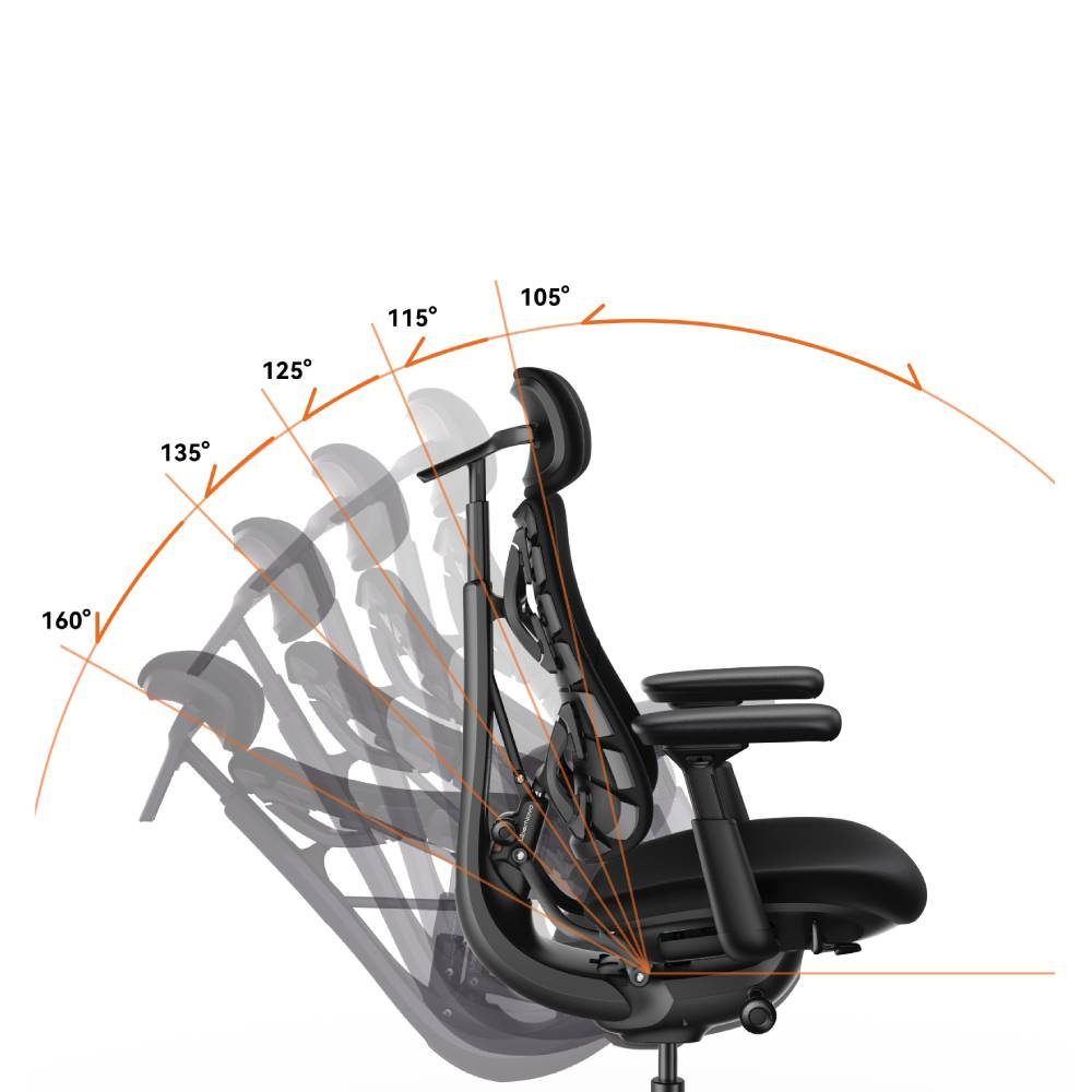 Un fauteuil de bureau noir avec des indicateurs d'inclinaison de 105° à 160°.