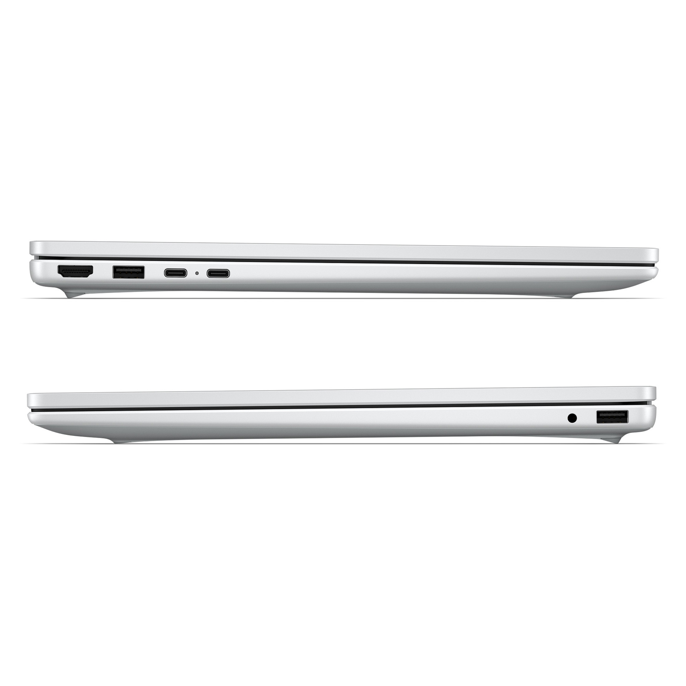 Silberner Laptop Seitenansicht mit Anschlüssen: HDMI, USB-A, 2x USB-C. Andere Seite zeigt Klinke, USB-A.