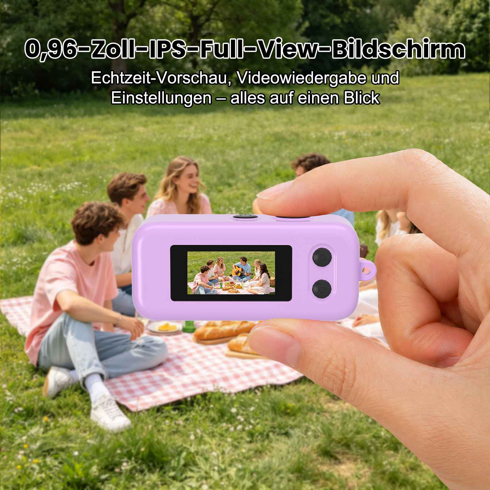 Eine Hand hält ein lila Gerät mit einer Picknickszene. Freunde picknicken auf Gras.