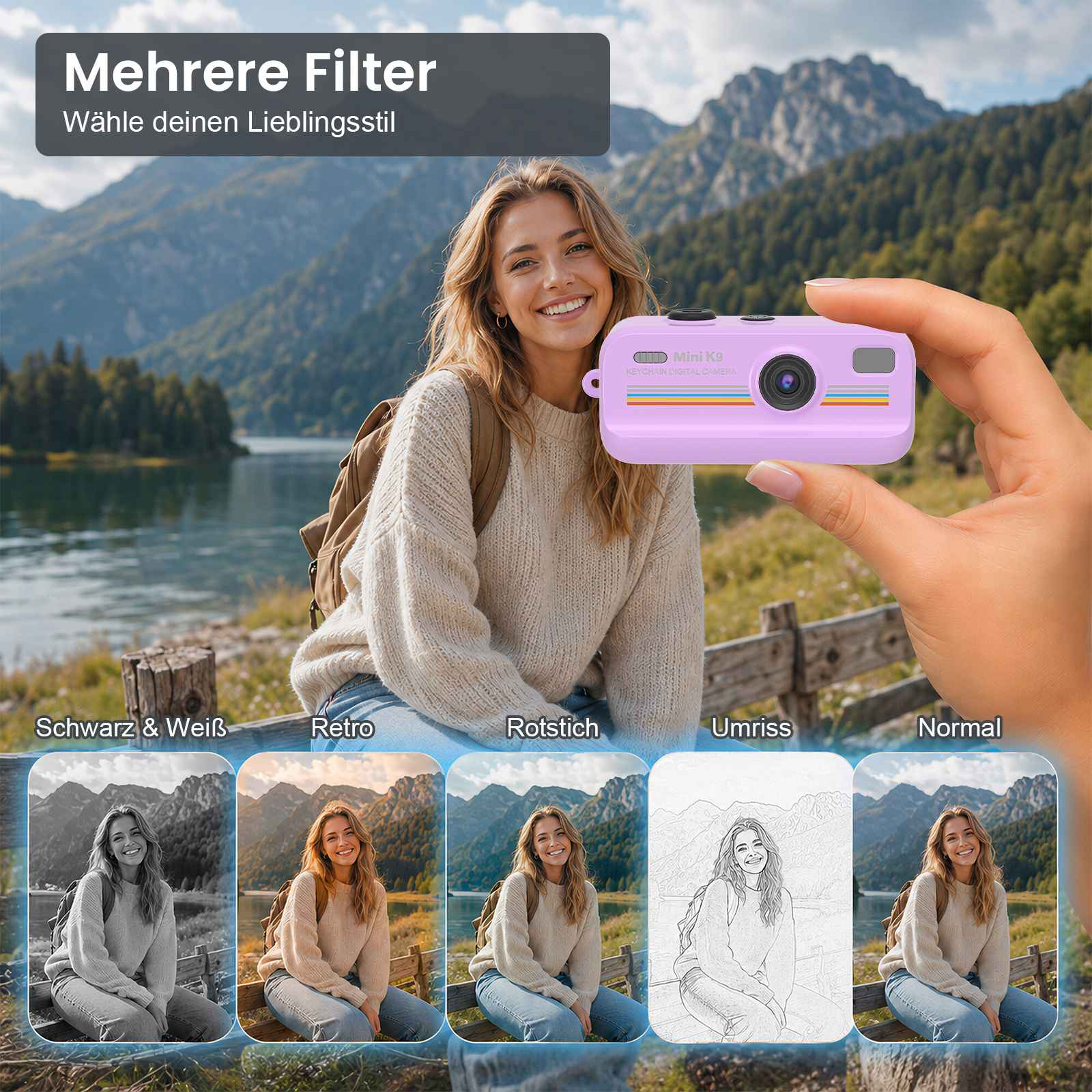 Frau im Freien hält eine kleine lila Kamera, die verschiedene Filter zeigt.