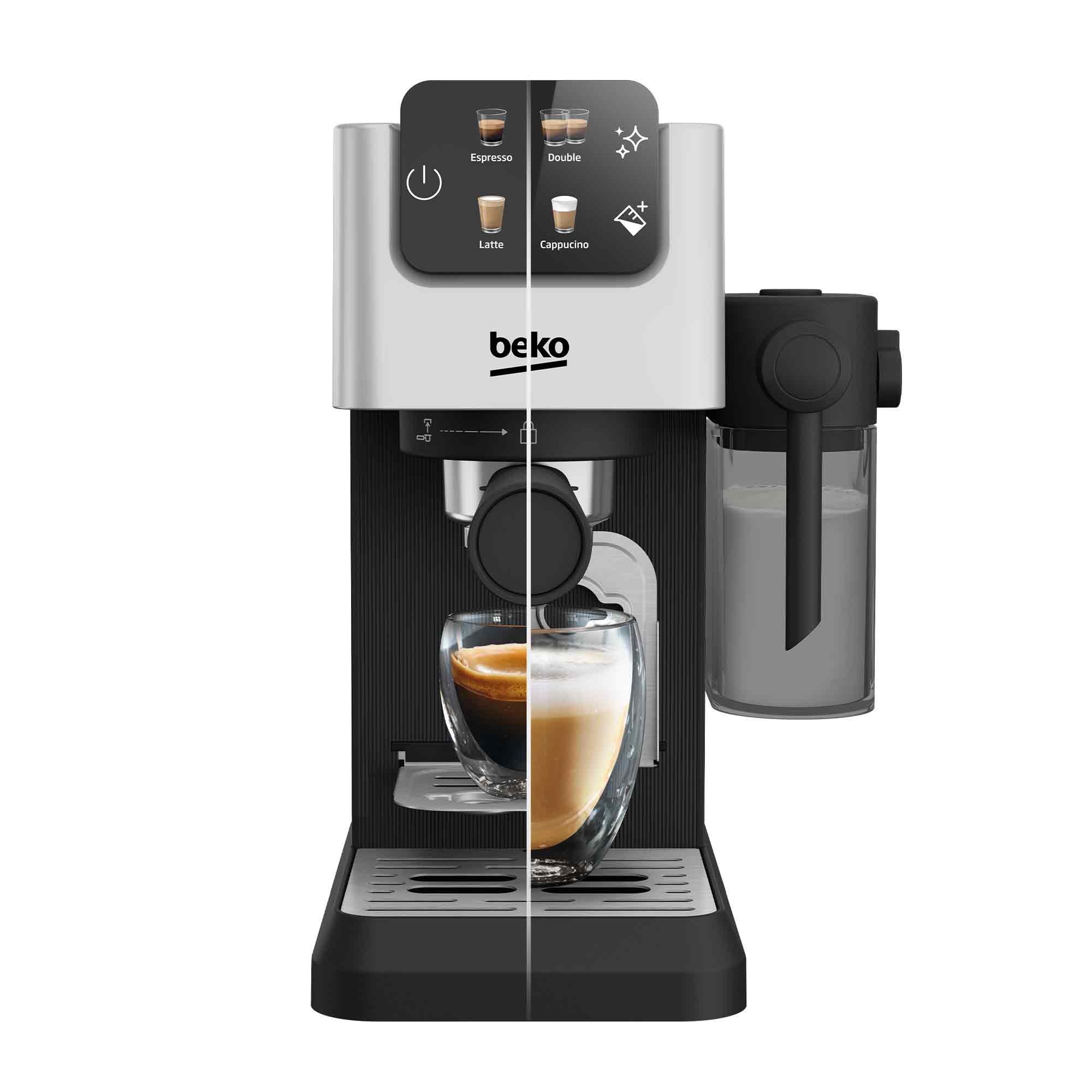 Macchina da caffè Beko con comandi touch, montalatte e tazza in vetro con espresso e cappuccino.