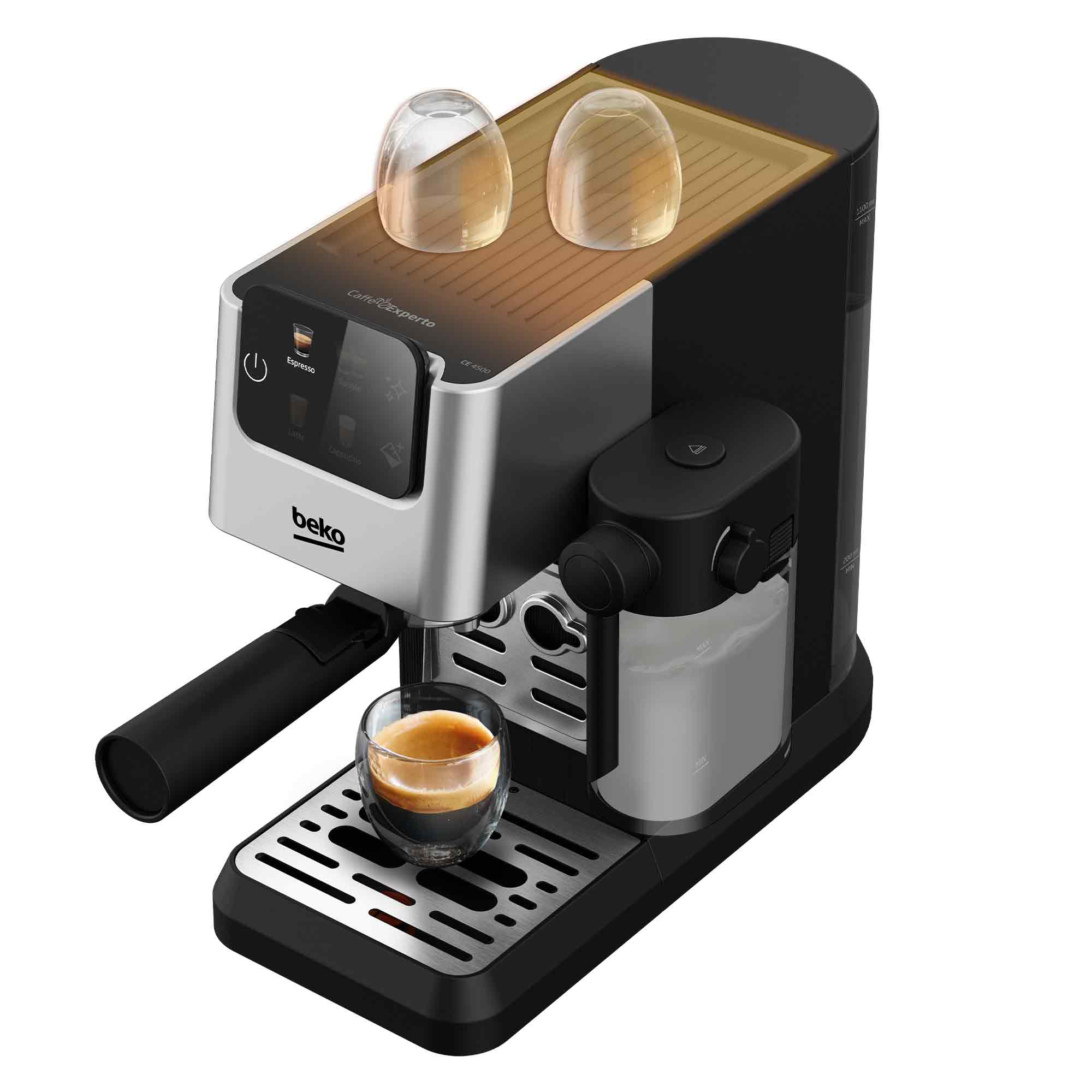 Una macchina da caffè nera e argento con un bicchiere di espresso e due bicchieri sopra.