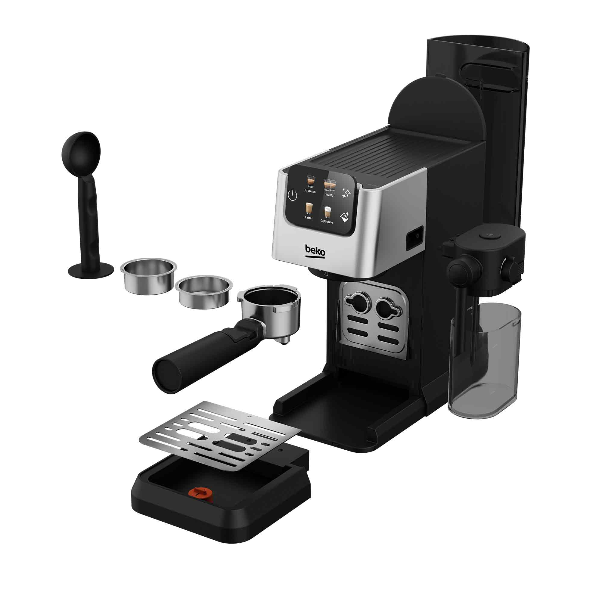 Macchina da caffè nera con accenti argentati e accessori.