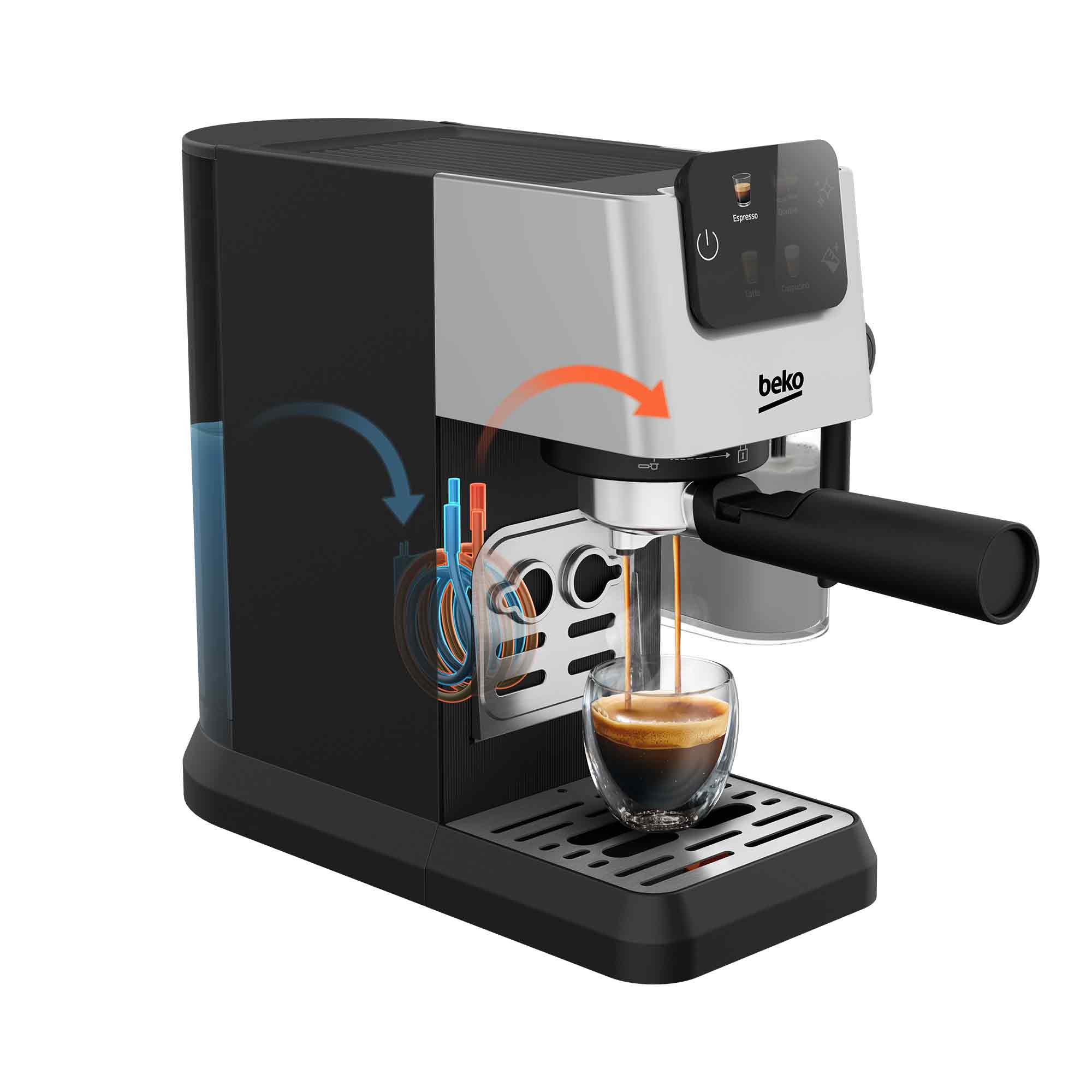 Una macchina per espresso nera e argento prepara il caffè in un bicchiere.
