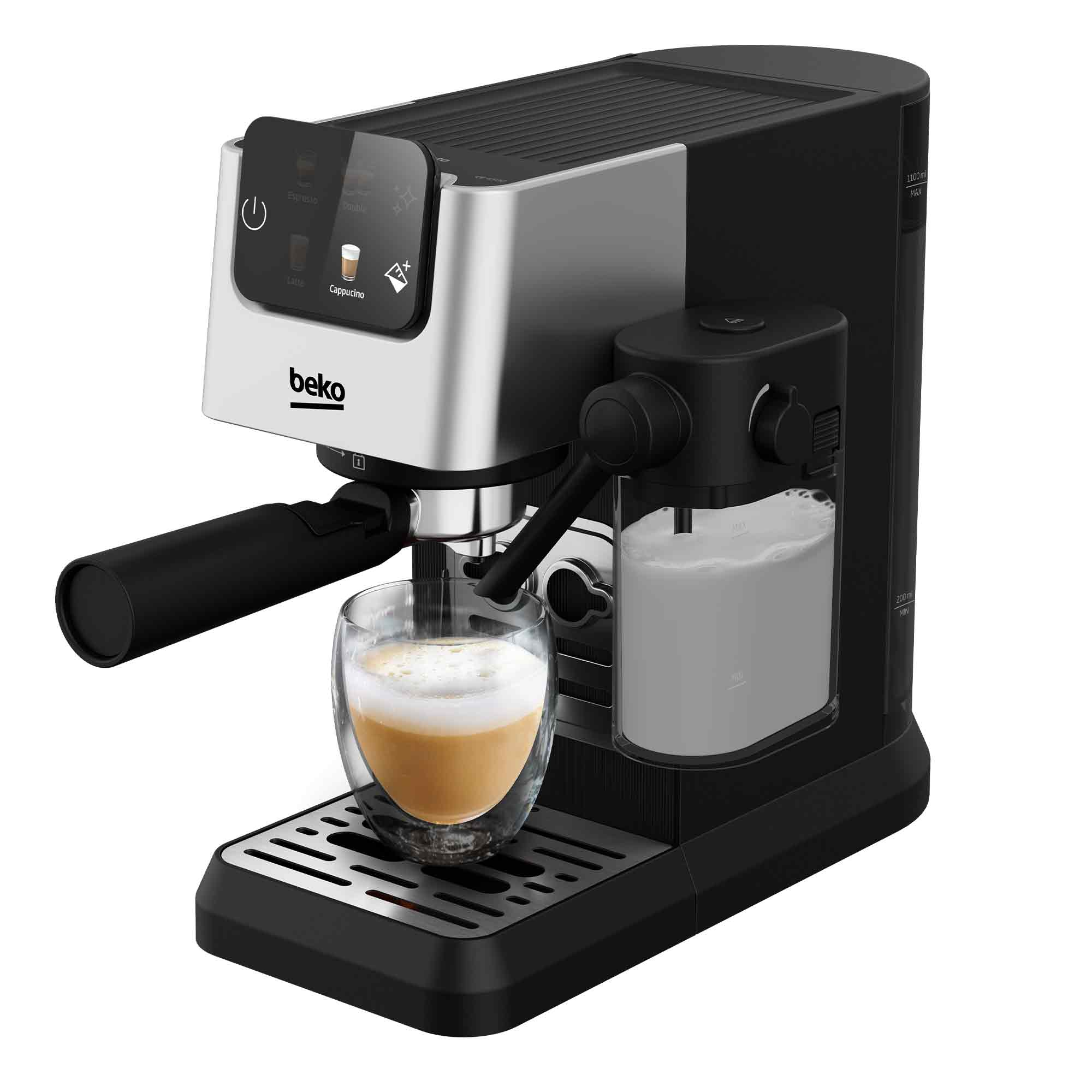 Una macchina da caffè Beko nera con accenti argentati prepara il caffè in un bicchiere.