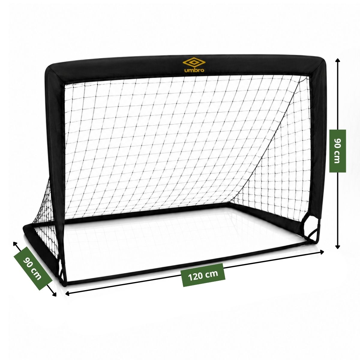 Ein schwarzes Umbro Fußballtor, 120cm breit, 90cm hoch. Weißer Hintergrund.