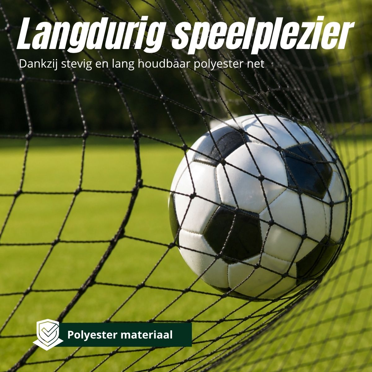 Ein Fußballnetz mit einem Fußball darin auf einem grünen Feld.