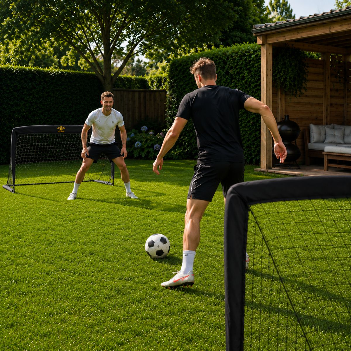 Zwei Männer spielen Fußball auf einem grünen Rasen im Garten.