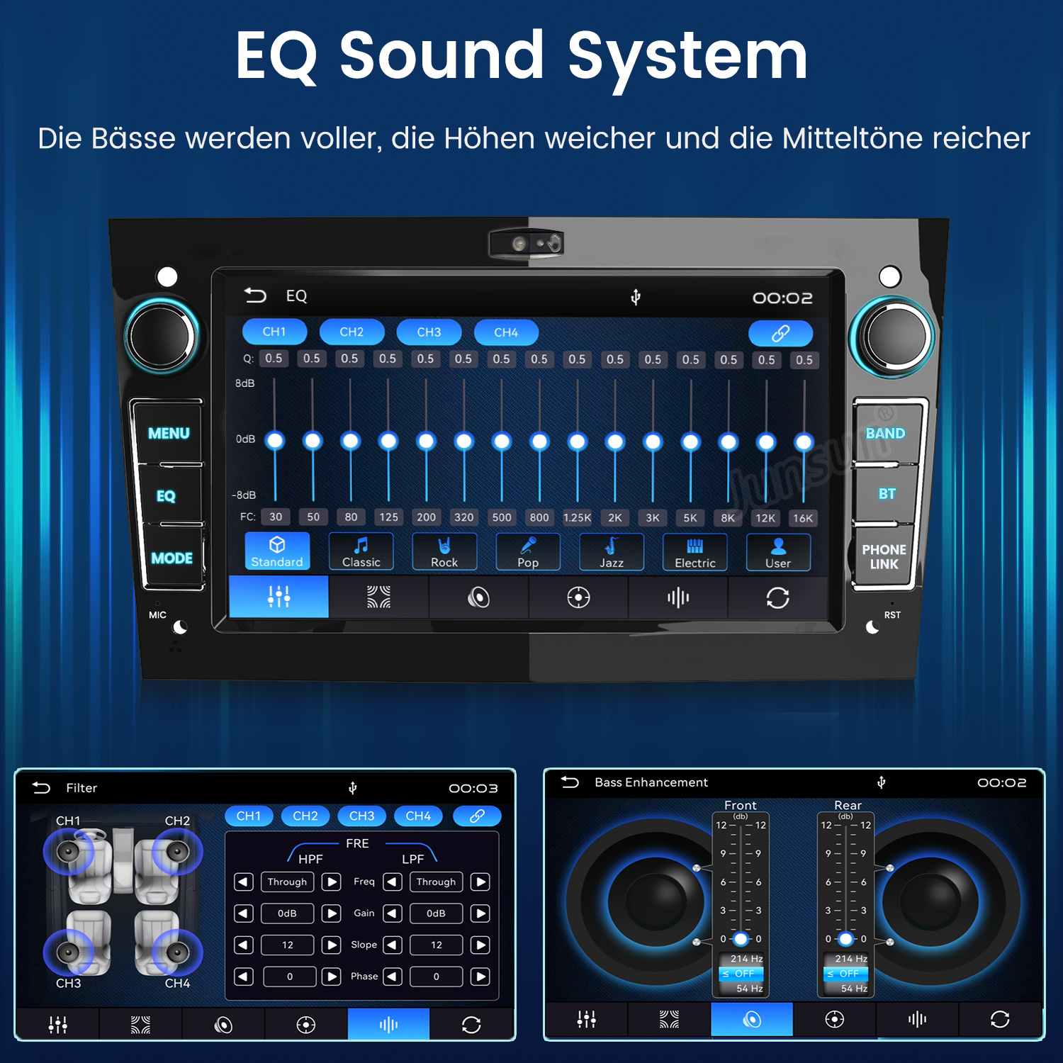 Ein Equalizer-System mit Schiebereglern für Frequenz und Pegel, Filter und Bass-Boost-Optionen.