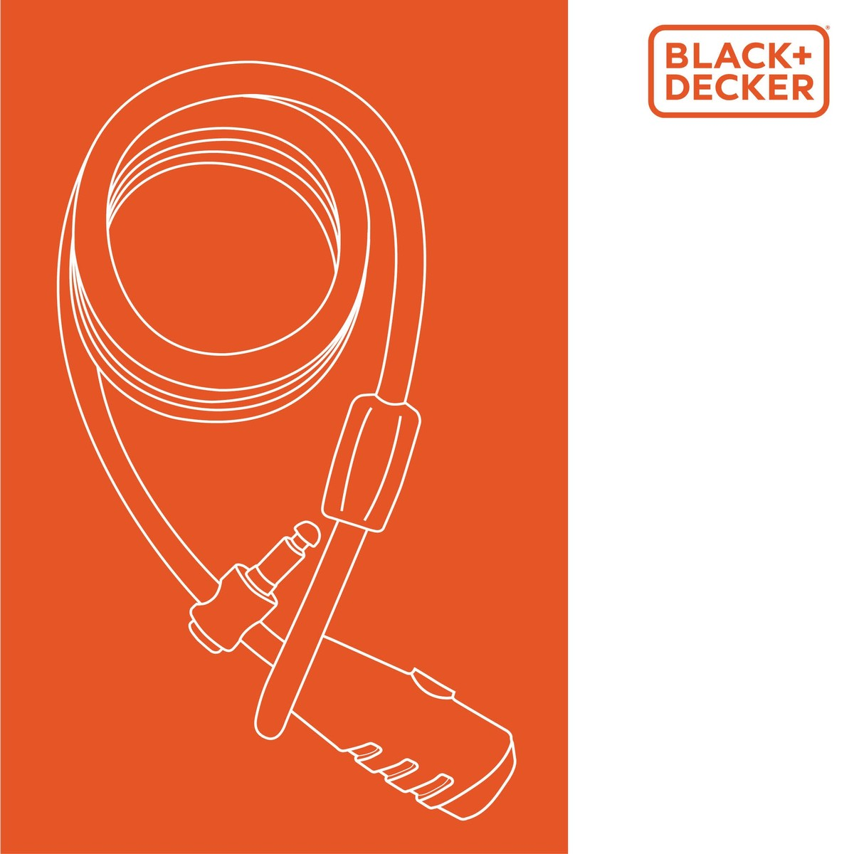 A white line drawing of a cable lock on an orange background.
