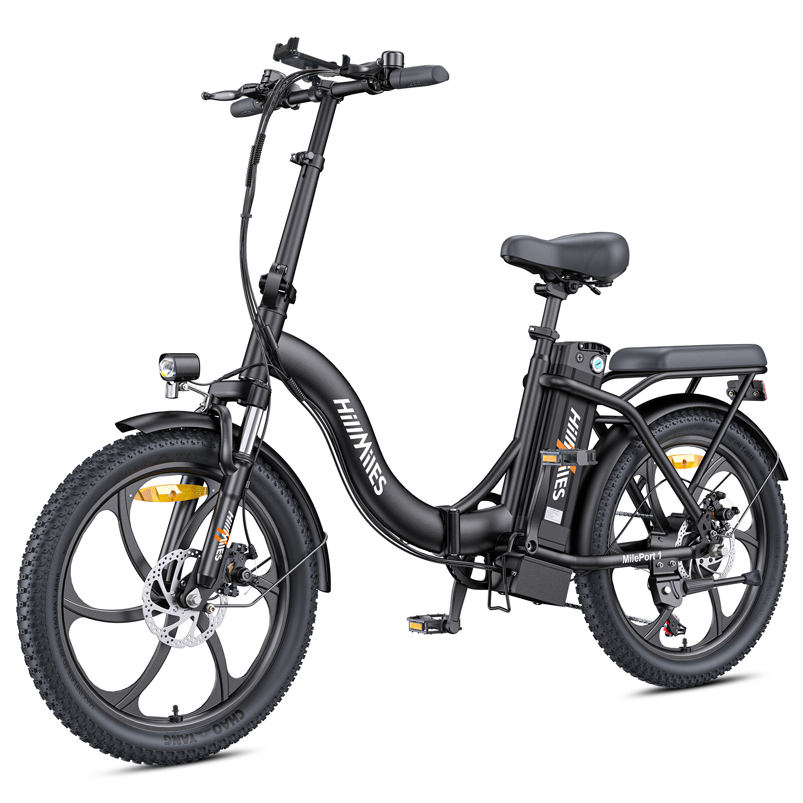 Bici elettrica nera con pneumatici larghi, forcella ammortizzata e portapacchi.
