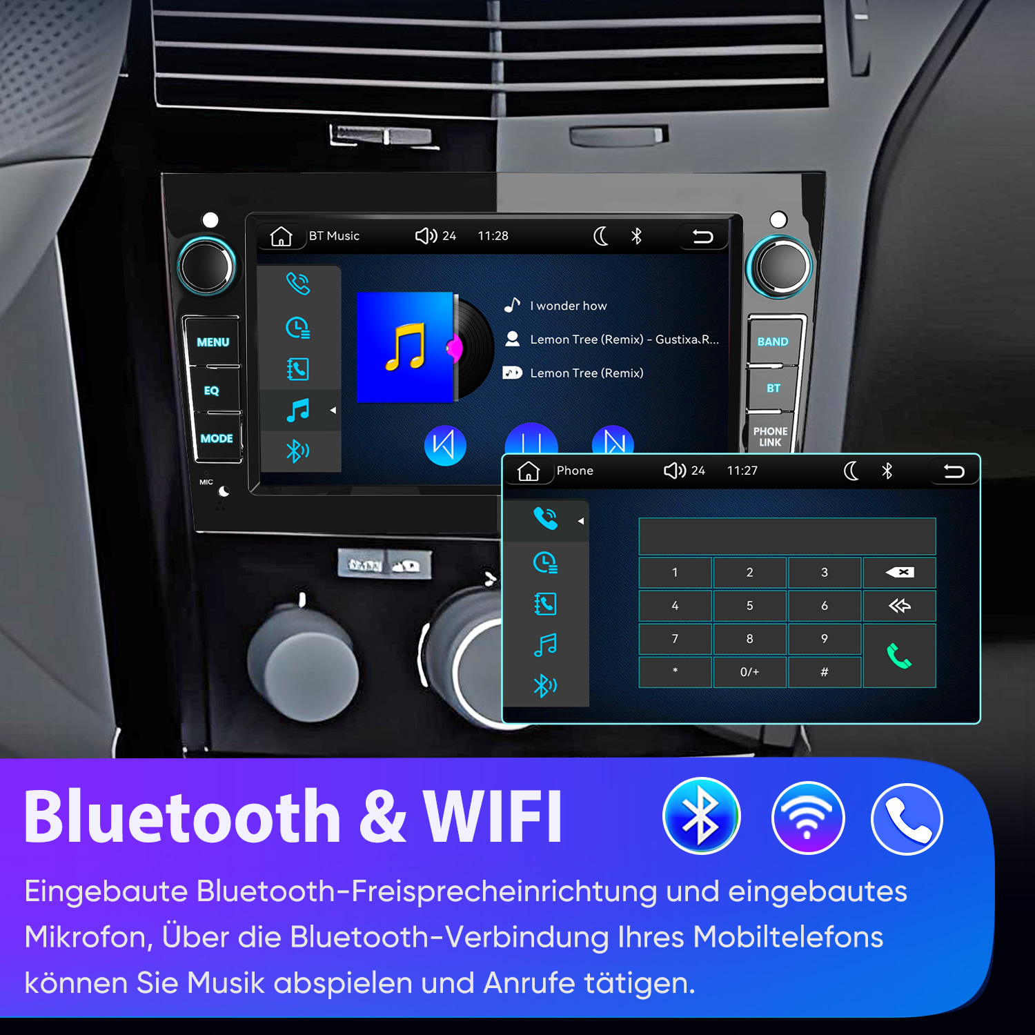 Samochodowy system infotainment z odtwarzaczem muzyki i klawiaturą telefonu.
